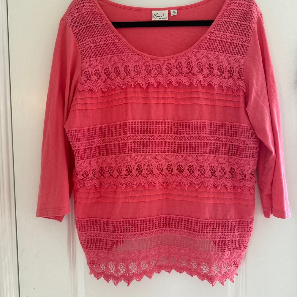 Kim Rogers solid Pink 3/4 Sleeve cotton top modest round neck XL ptp 20.5” Y2K